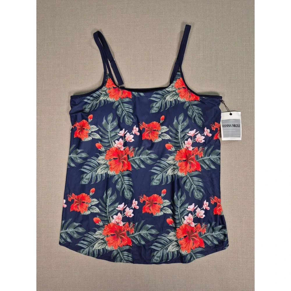 Hanna Nikole Women Navy Floral Hibiscus Tankini Swim Only Top 24W NWT